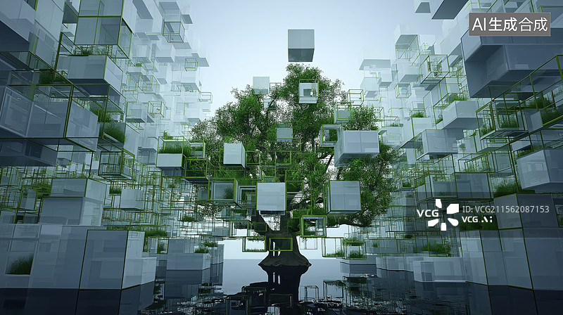 【AI数字艺术】未来科技树与立方体结构图片素材