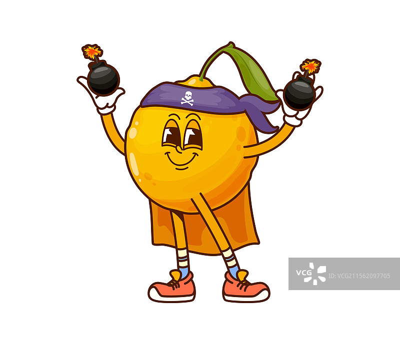 卡通风格的酷炫橙色水果海盗手持炸弹图片素材
