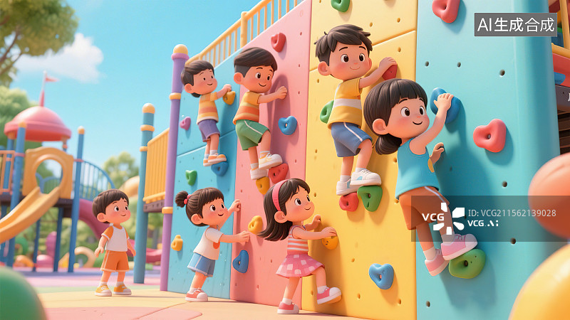 【AI数字艺术】小孩攀岩墙攀登户外活动娱乐设施幼儿园公园游乐园场地61儿童节暑假周末朋友团聚玩耍体育锻炼身体健康快乐图片素材