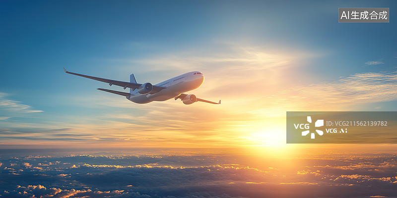 【AI数字艺术】商用飞机翱翔在黄昏云海中图片素材