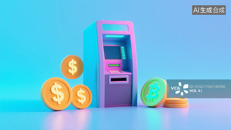 【AI数字艺术】银行，自动取款机，加密货币，虚拟货币，比特币，银行投资图片素材