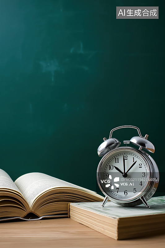 【AI数字艺术】闹钟和书籍在黑板前图片素材