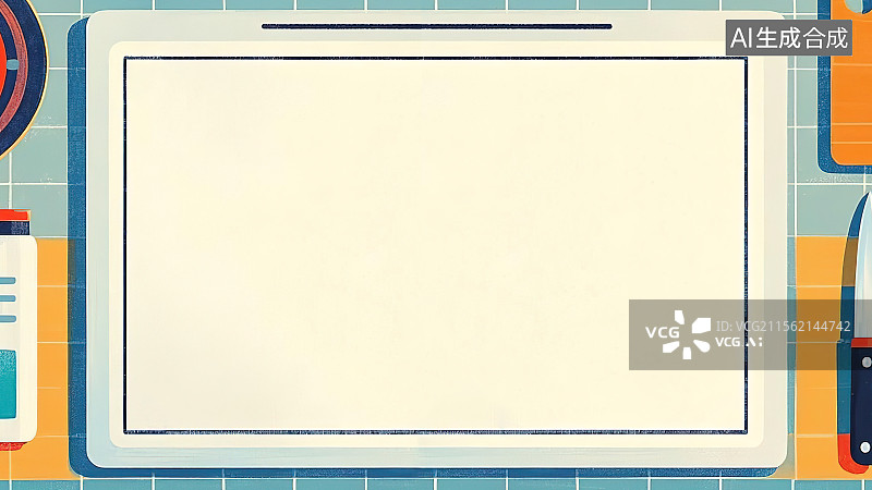 【AI数字艺术】2D卡通环绕背景趣味扁平元素，复古厨房桌面抗菌菜板消毒厨具餐具居家做饭用具正上方顶视平视视角图片素材