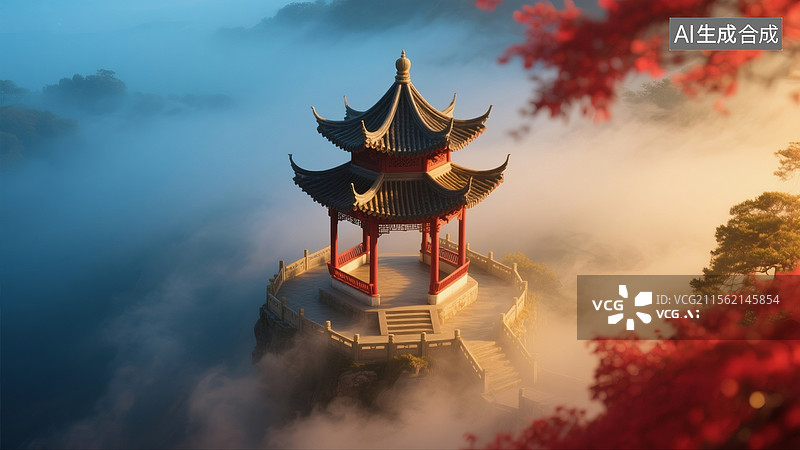 【AI数字艺术】3D中国风烟雾缭绕建筑亭子场景图片素材