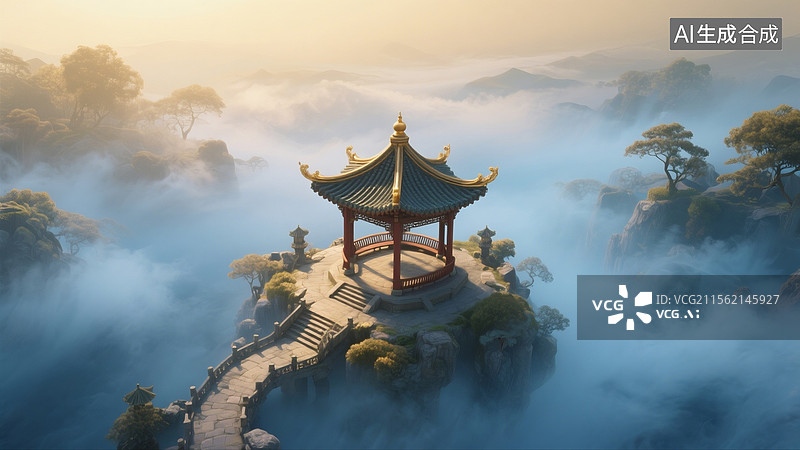 【AI数字艺术】3D中国风烟雾缭绕建筑亭子场景图片素材