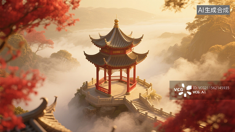 【AI数字艺术】3D中国风烟雾缭绕建筑亭子场景图片素材
