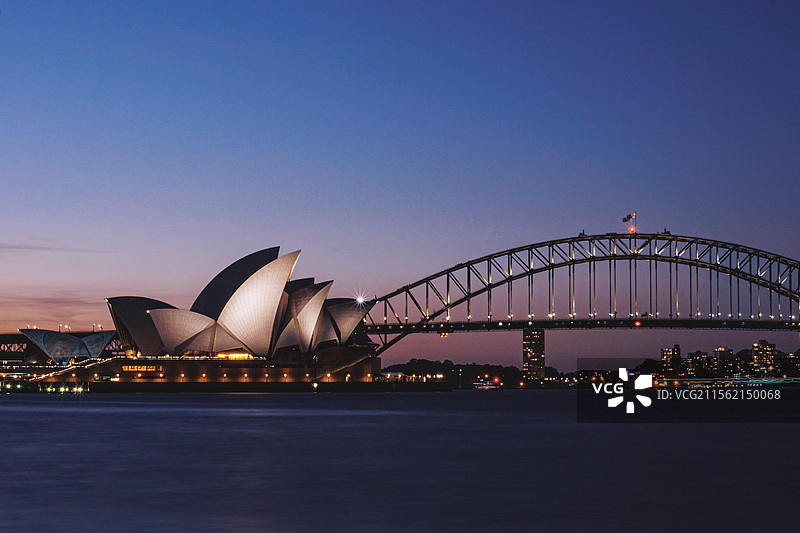 晚霞中的悉尼歌剧院与海港大桥图片素材