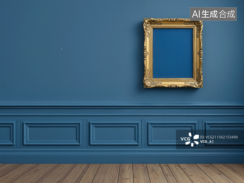 【AI数字艺术】蓝色墙壁上的金色相框图片素材