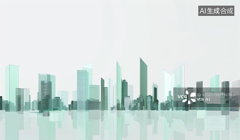 【AI数字艺术】灰绿色调的现代城市建筑剪影与倒影图片素材