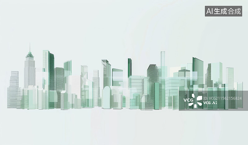 【AI数字艺术】灰绿色调的现代城市建筑剪影与倒影图片素材