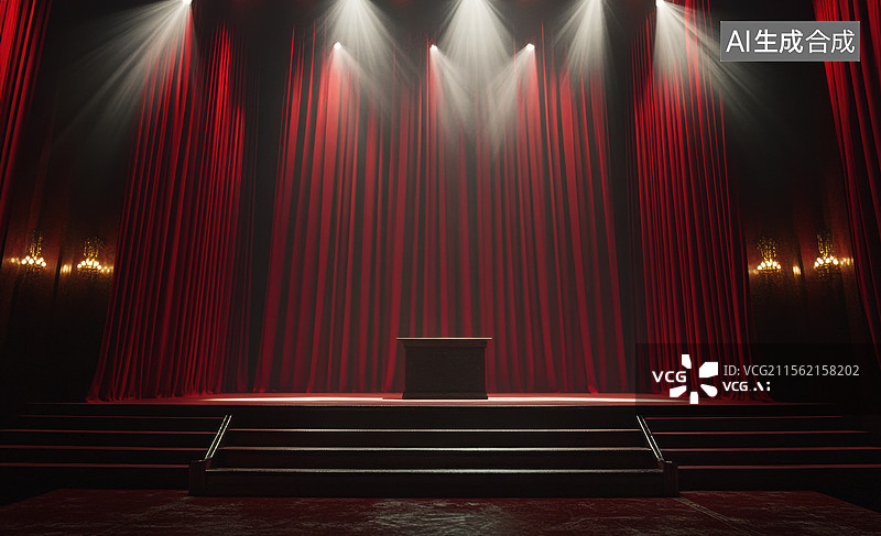 【AI数字艺术】舞台聚光灯下的红色幕布图片素材