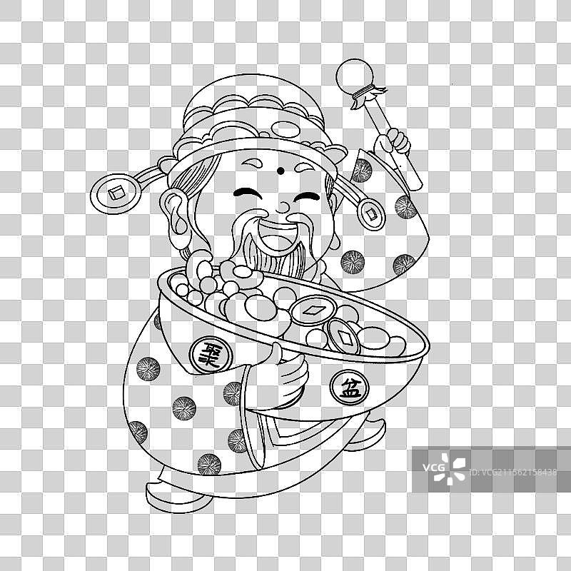 抱着聚宝盆的财神爷线条插画图片素材