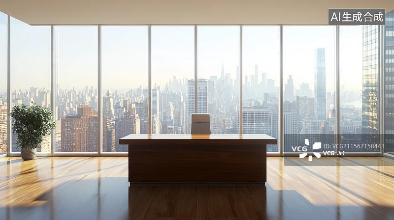 【AI数字艺术】高层办公桌前无遮挡城市天际线景观图片素材