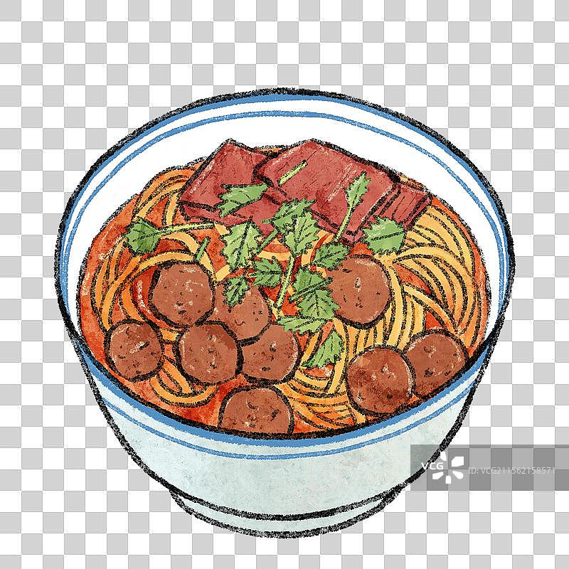 山西临汾美食国风插画-牛肉丸子面图片素材