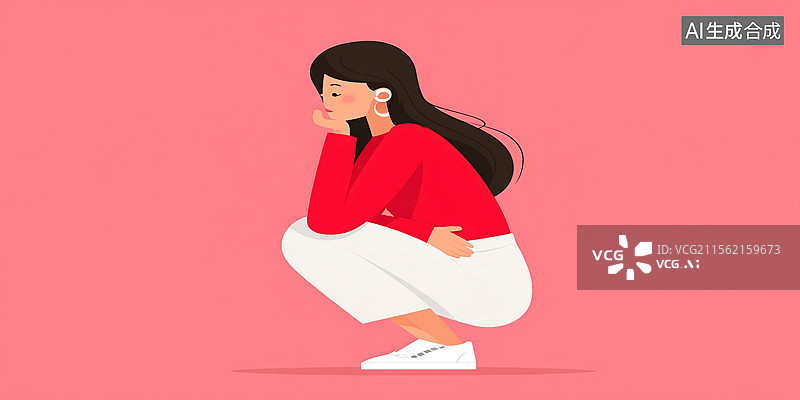 【AI数字艺术】创意扁平插画：蹲着捂肚子的女孩健康意识图片素材