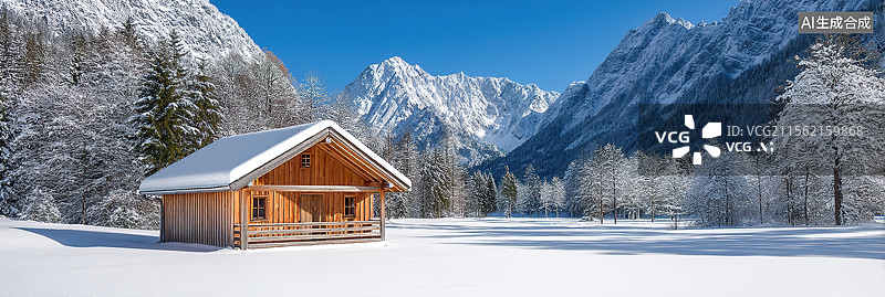 【AI数字艺术】雪山小木屋航拍全景抽象背景冬季仙境景观高山风光捕捉自然宁静之美图片素材