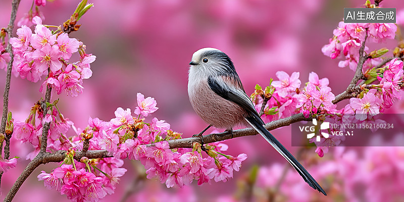【AI数字艺术】春天春日长尾山雀创意背景与生动动物插画户外自然场景节气艺术壁纸展现自然环境中野生动物图片素材