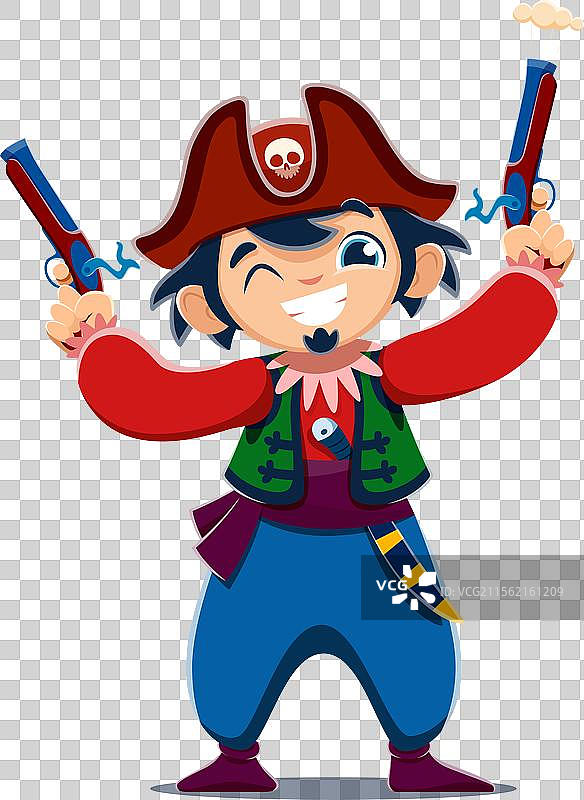 卡通小男孩海盗，手持手枪图片素材