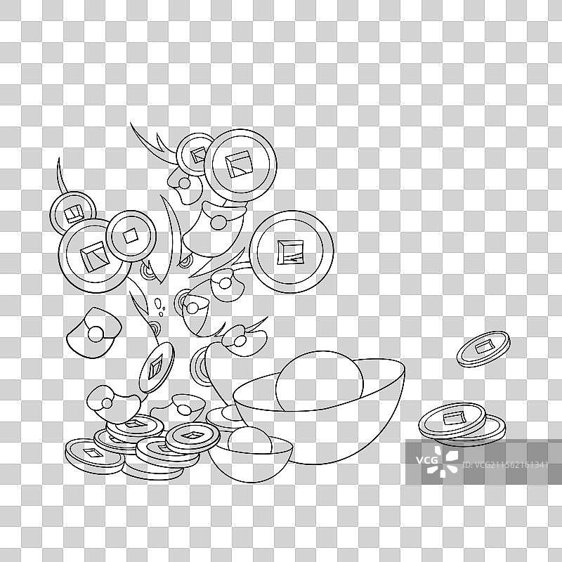 卡通手绘线条金币金元宝红包发财树图片素材