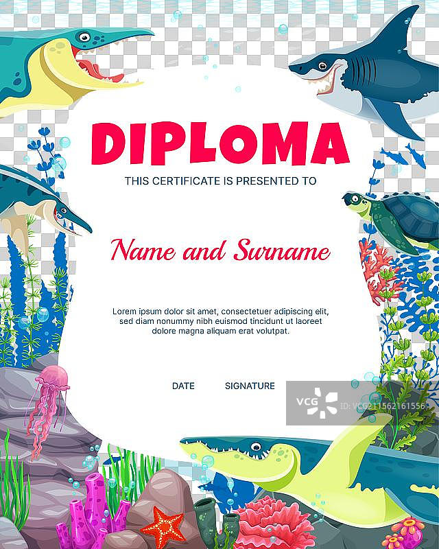 带有水下恐龙的儿童毕业证书图片素材