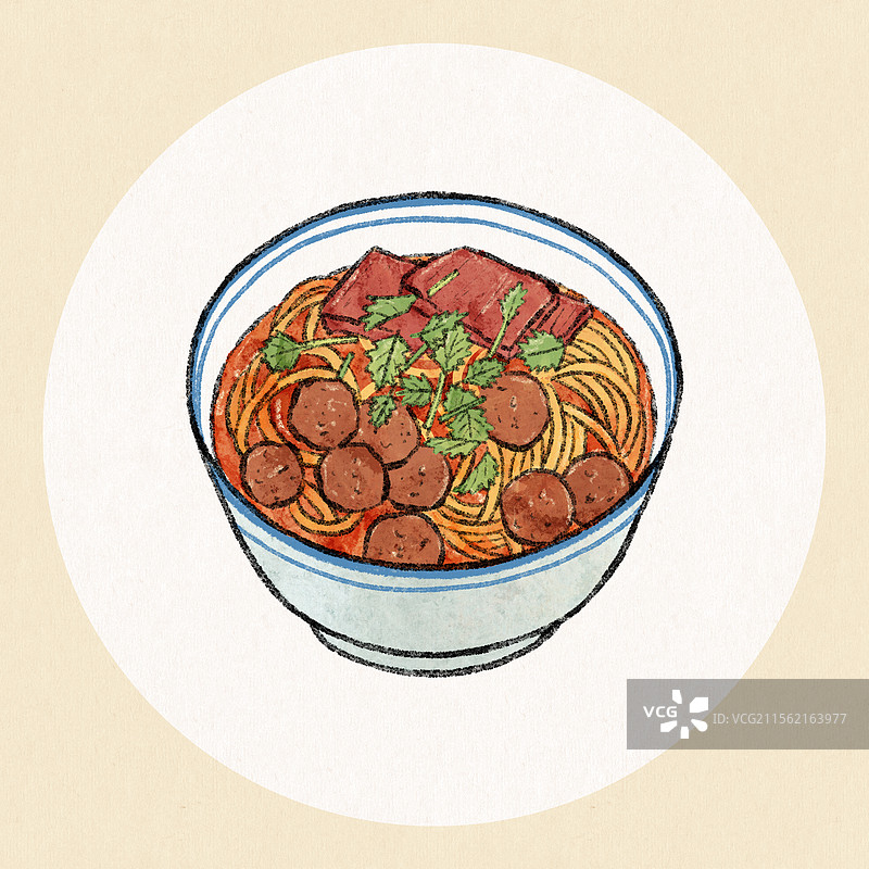 山西临汾美食国风插画-牛肉丸子面图片素材