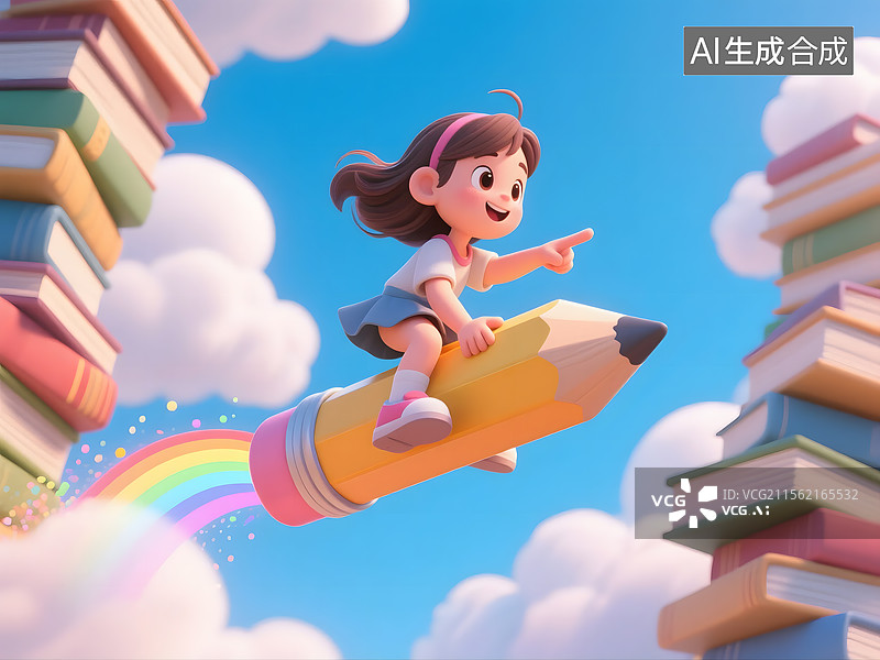 【AI数字艺术】3D女孩角色骑铅笔并指向图片素材