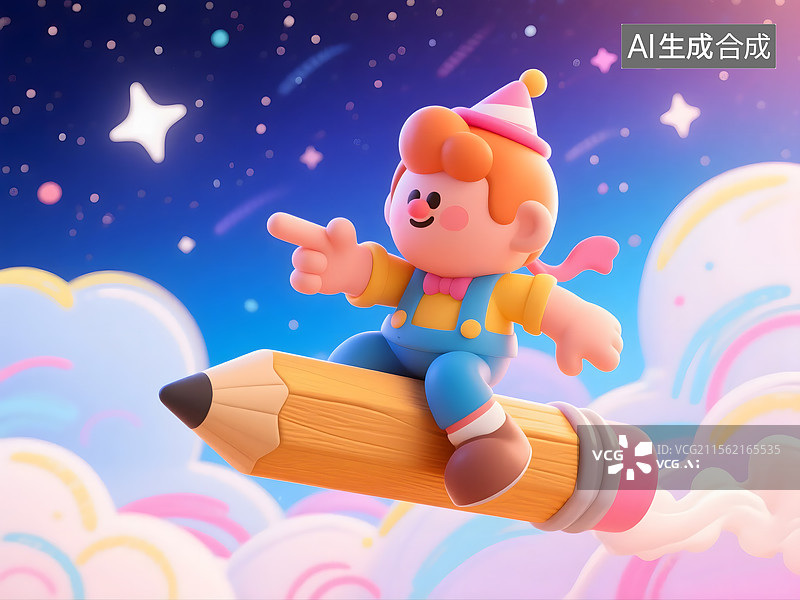 【AI数字艺术】3D女孩角色骑铅笔并指向图片素材