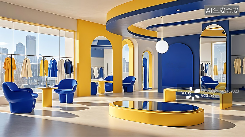 【AI数字艺术】克莱因蓝色搭配那不勒斯黄色的现代时尚服装店旗舰店室内建筑设计图片素材