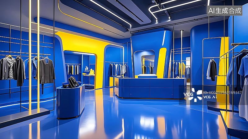 【AI数字艺术】克莱因蓝色搭配那不勒斯黄色的现代时尚服装店旗舰店室内建筑设计图片素材