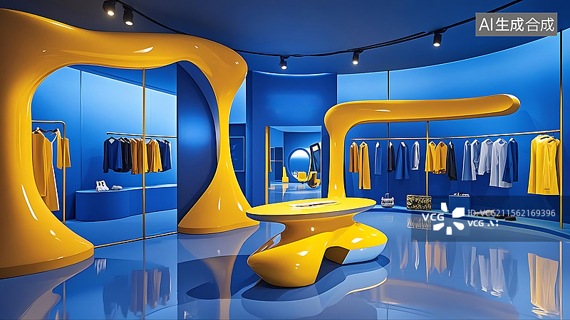 【AI数字艺术】克莱因蓝色搭配那不勒斯黄色的现代时尚服装店旗舰店室内建筑设计图片素材