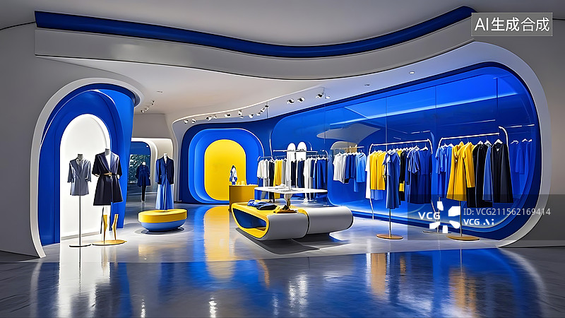 【AI数字艺术】克莱因蓝色搭配那不勒斯黄色的现代时尚服装店旗舰店室内建筑设计图片素材