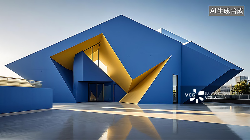 【AI数字艺术】克莱因蓝色与松花黄色搭配极简几何建筑图片素材