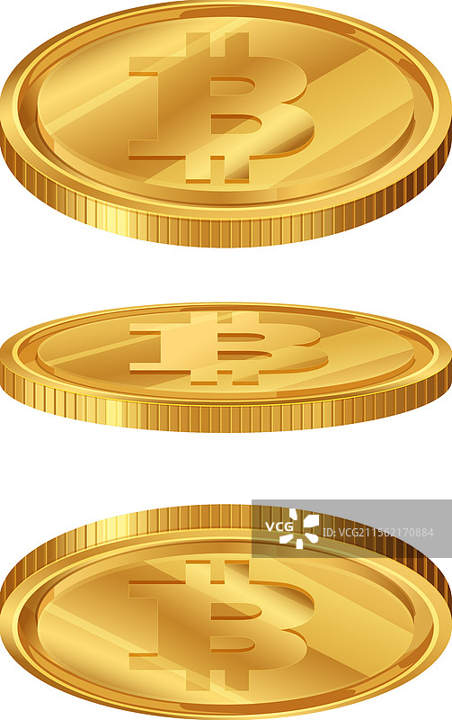 三枚闪亮的硬币，上面显示着比特币符号图片素材