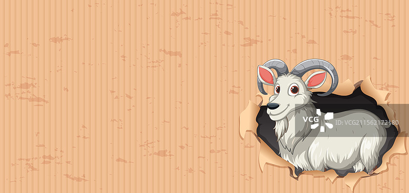 一只山羊从撕开的纸洞里探出头来图片素材