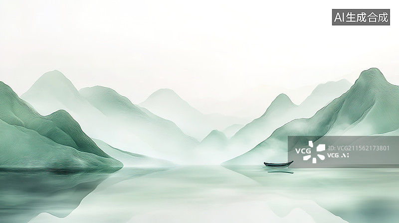 【AI数字艺术】青山绿水、青色水墨山水、空灵极简禅宗意境图片素材