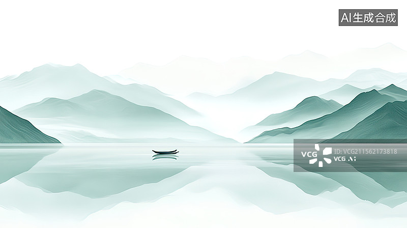 【AI数字艺术】青山绿水、青色水墨山水、空灵极简禅宗意境图片素材