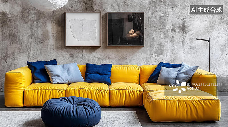 【AI数字艺术】现代黄色组合沙发在混凝土客厅图片素材