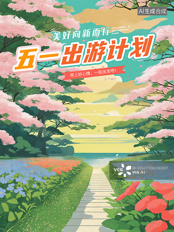 【AI数字艺术】五一劳动节旅行日记插画海报模版 热带海岛风光 夏日度假沙滩 暑假在海边、沙滩、树和夏天旅游插画 竖版图片素材