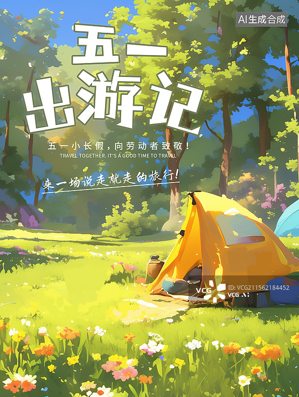 【AI数字艺术】51劳动节旅游插画海报模版 假日旅行插画 在开满鲜花的草地上露营搭帐篷插画  竖版图片素材