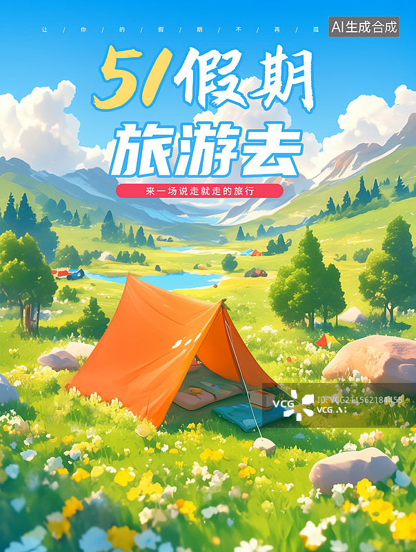 【AI数字艺术】51劳动节旅游插画海报模版 假日旅行插画 在开满鲜花的草地上露营搭帐篷插画  竖版图片素材