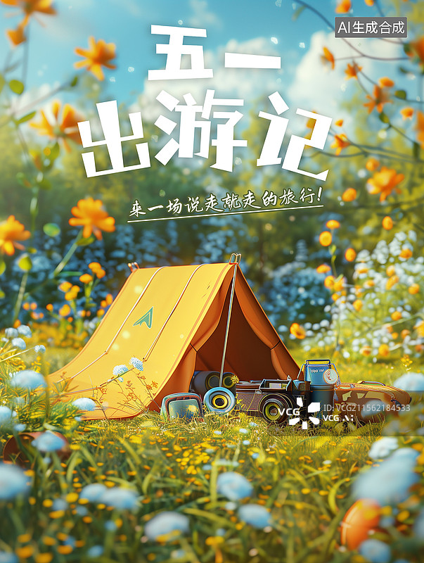 【AI数字艺术】51劳动节旅游插画海报模版 假日旅行插画 在开满鲜花的草地上露营搭帐篷插画  竖版图片素材