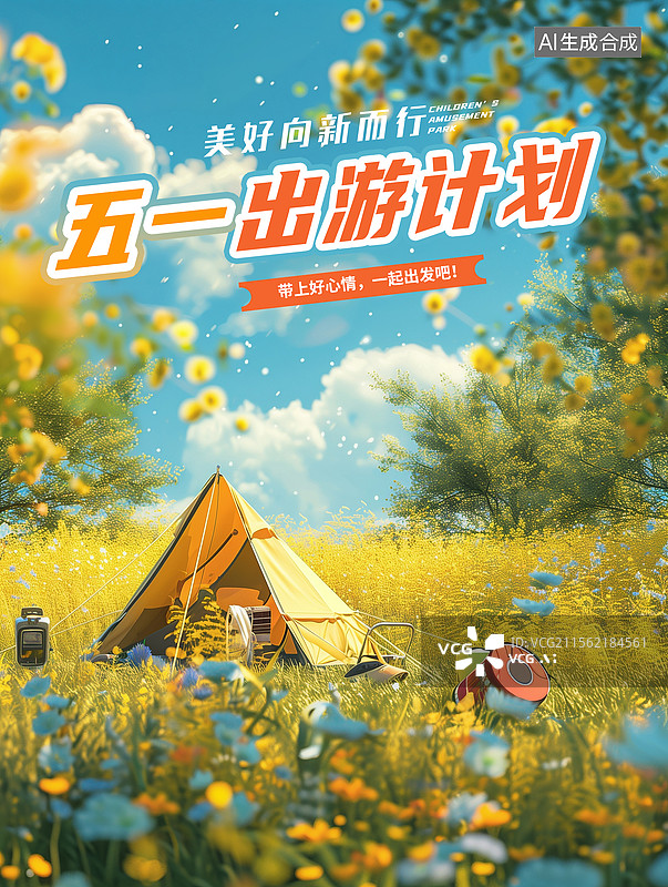 【AI数字艺术】51劳动节旅游插画海报模版 假日旅行插画 在开满鲜花的草地上露营搭帐篷插画  竖版图片素材