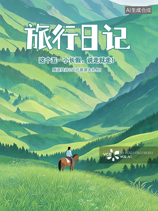 【AI数字艺术】春天户外森林公园风景插画 51劳动节旅游插画海报模版 宁静的乡村风景与远处的山脉 草原和骑马场 竖版图片素材