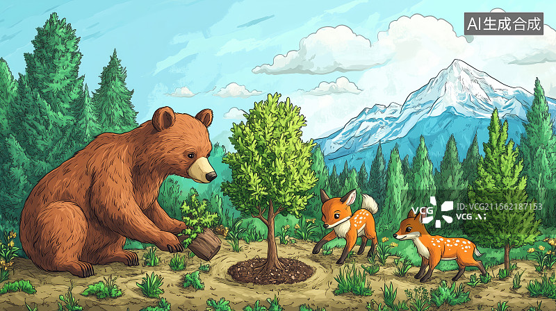 【AI数字艺术】儿童画小动物们一起种树图片素材