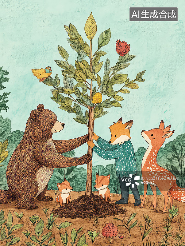 【AI数字艺术】儿童画小动物们一起种树图片素材
