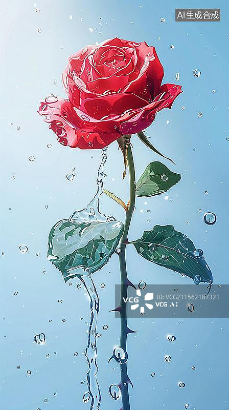 【AI数字艺术】水润红玫瑰的绽放    晶莹剔透的玫瑰之恋图片素材