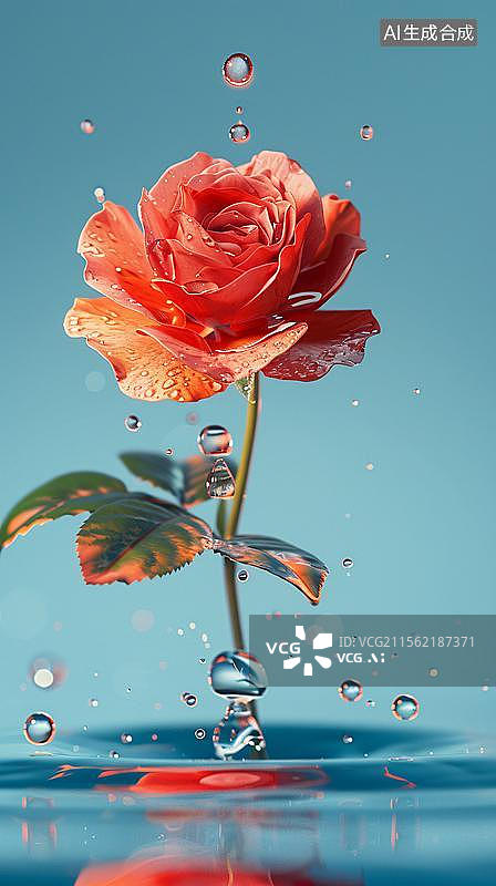 【AI数字艺术】水润红玫瑰的绽放    晶莹剔透的玫瑰之恋图片素材