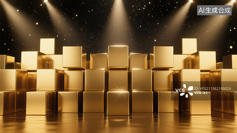【AI数字艺术】金色立方体舞台灯光展示背景图图片素材