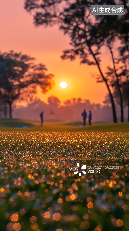 【AI数字艺术】日落时人们在陆地上行走的剪影，高尔夫球场图片素材
