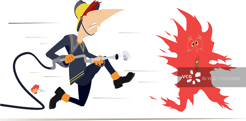 愤怒的消防员追赶一团惊恐的火焰图片素材